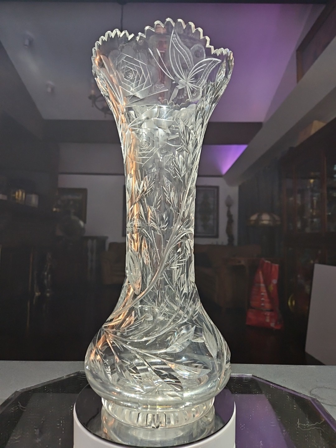 Huge 16-1/4″ VASE, American Brilliant Period Cut Glass Crystal Butterfly & Rose
