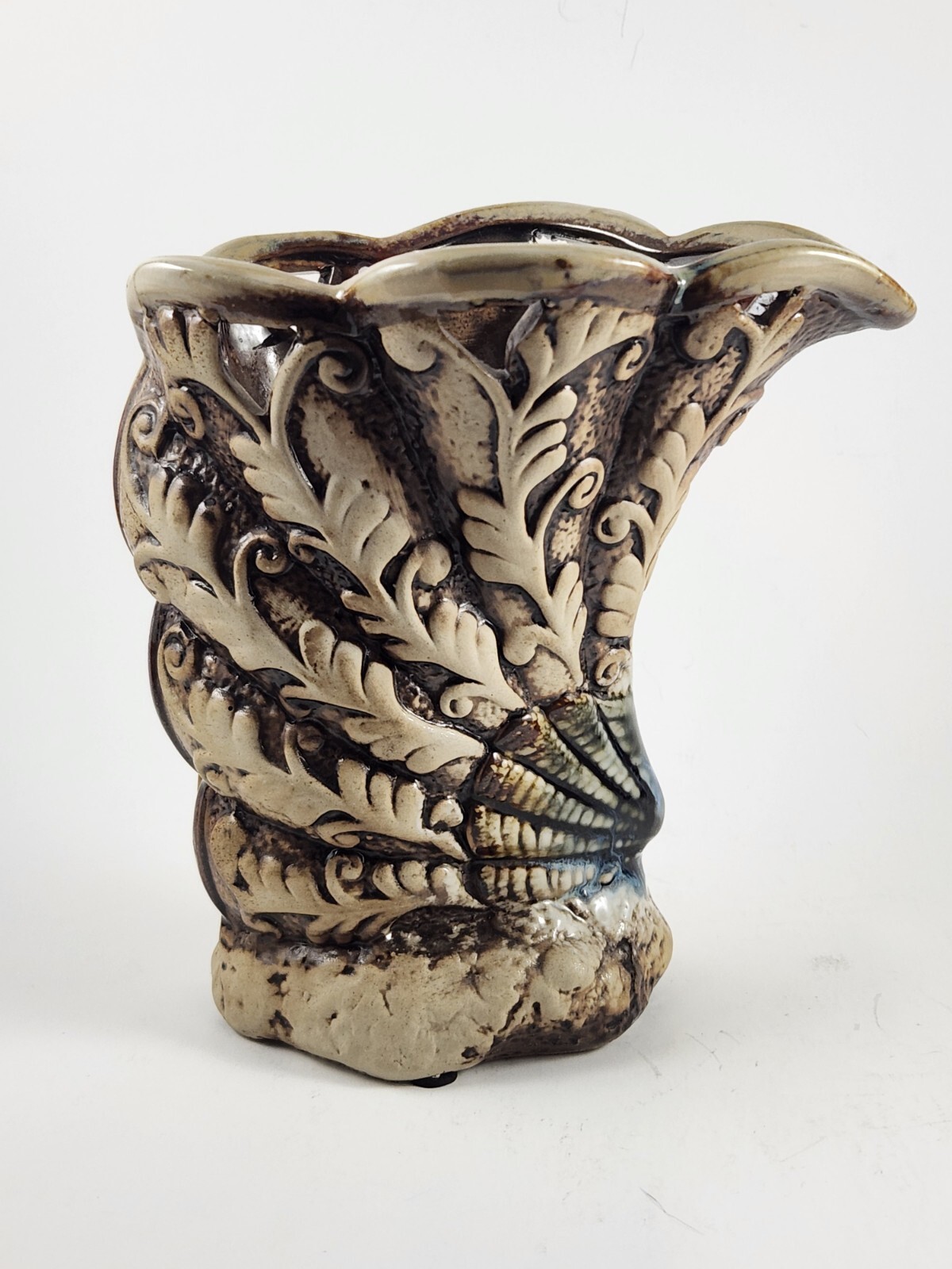 Sea Shell & Fern Pottery Art Asymmetrical Vase