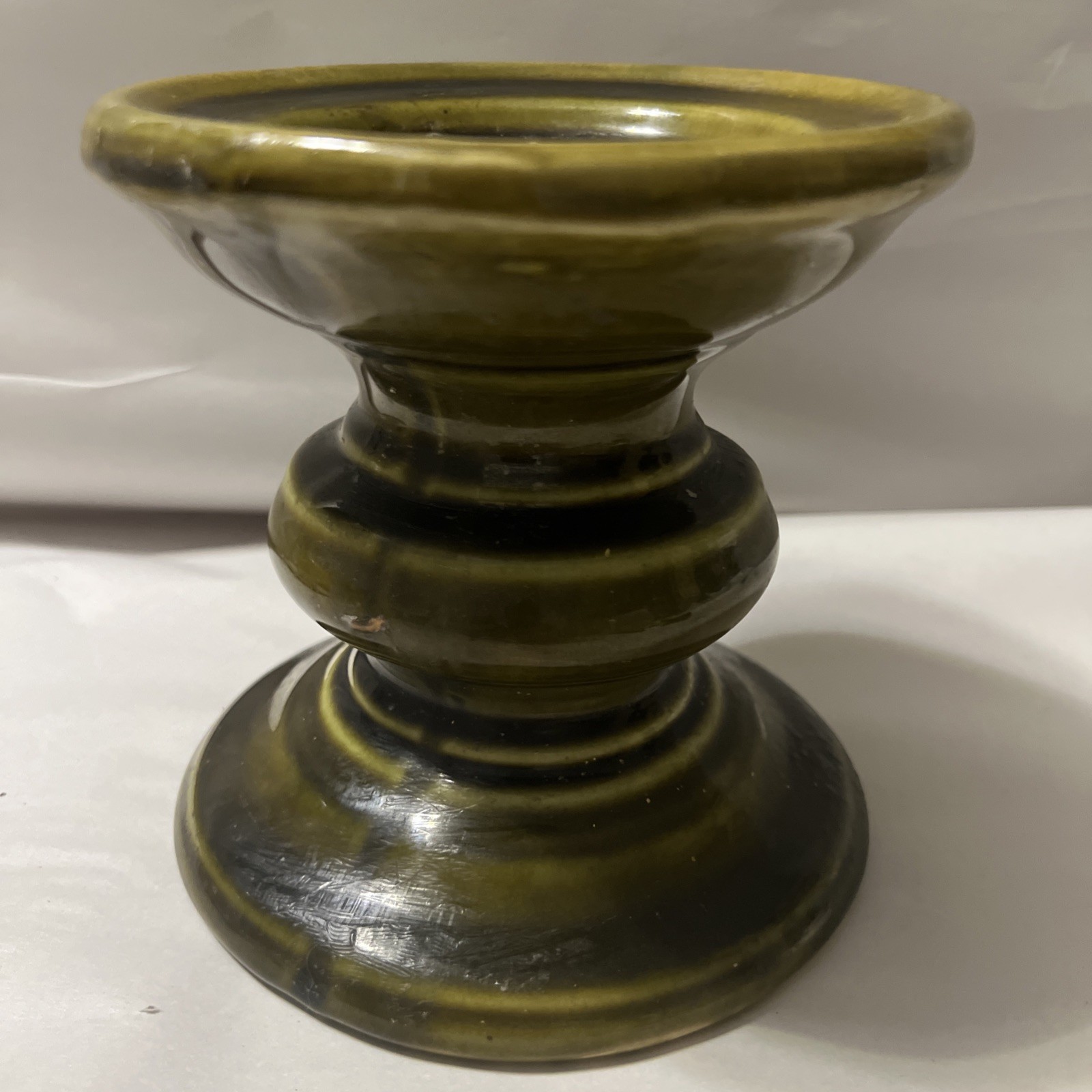 Vintage Olive Green Ceramic Pillar Candle Holder 5 1/4 X 5 1/2 Inches