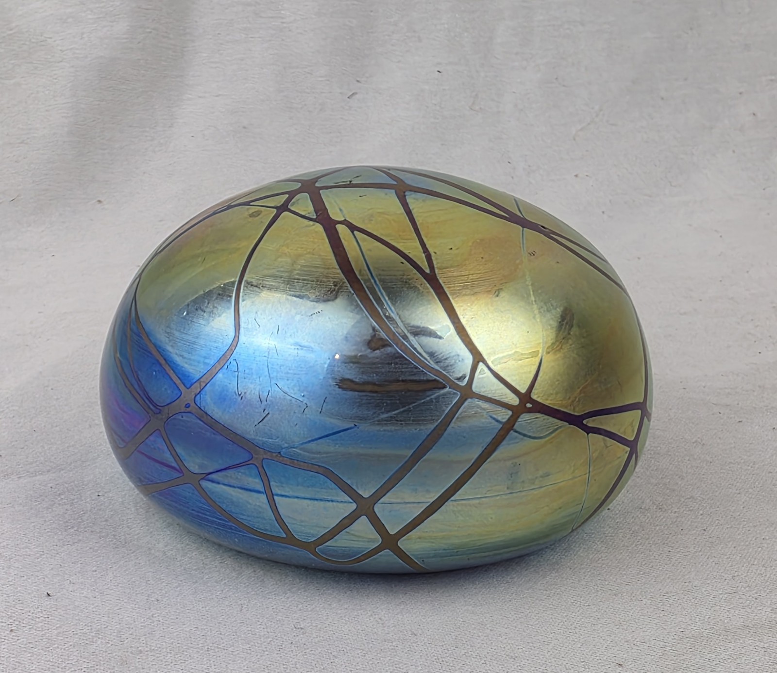 Levay Iridescent Paperweight Handblown Art Glass, Official Levay Stamp on Bottom