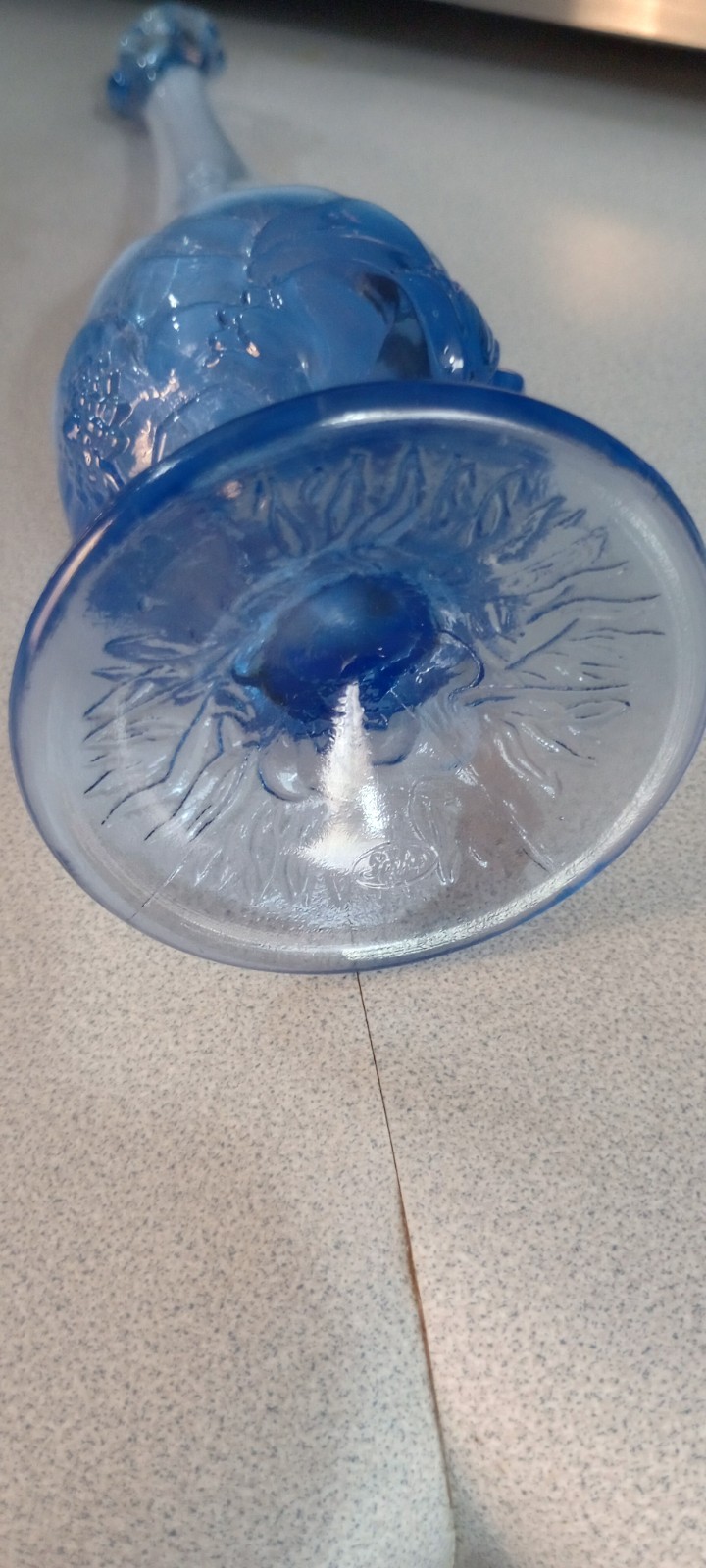 Vintage Fenton Water Lily Blue Opaline Swung Glass Bud Vase 10-3/4″ Tall