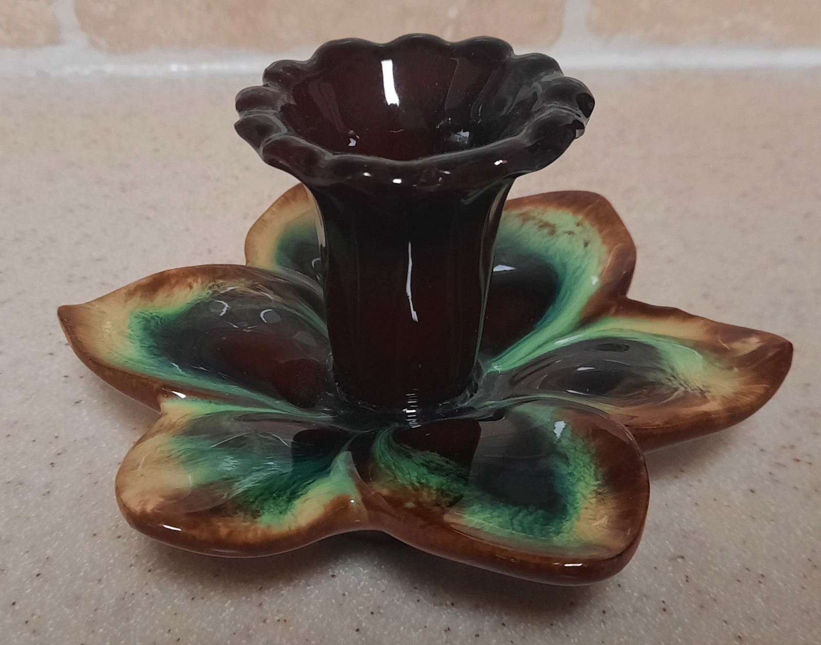 Beautiful Vintage Pottery Candlestick Holder Daffodil Brown/Green Drip Glaze