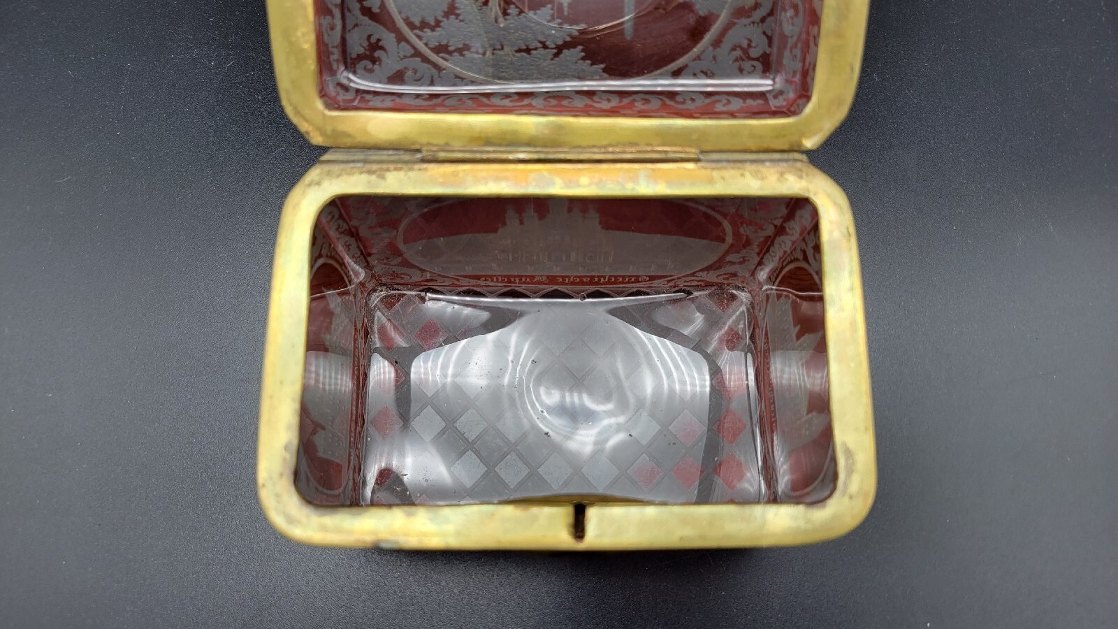 Antique 19th Century Austrian Hinged Lid Red Engraved Glass Trinket Jewelry Box