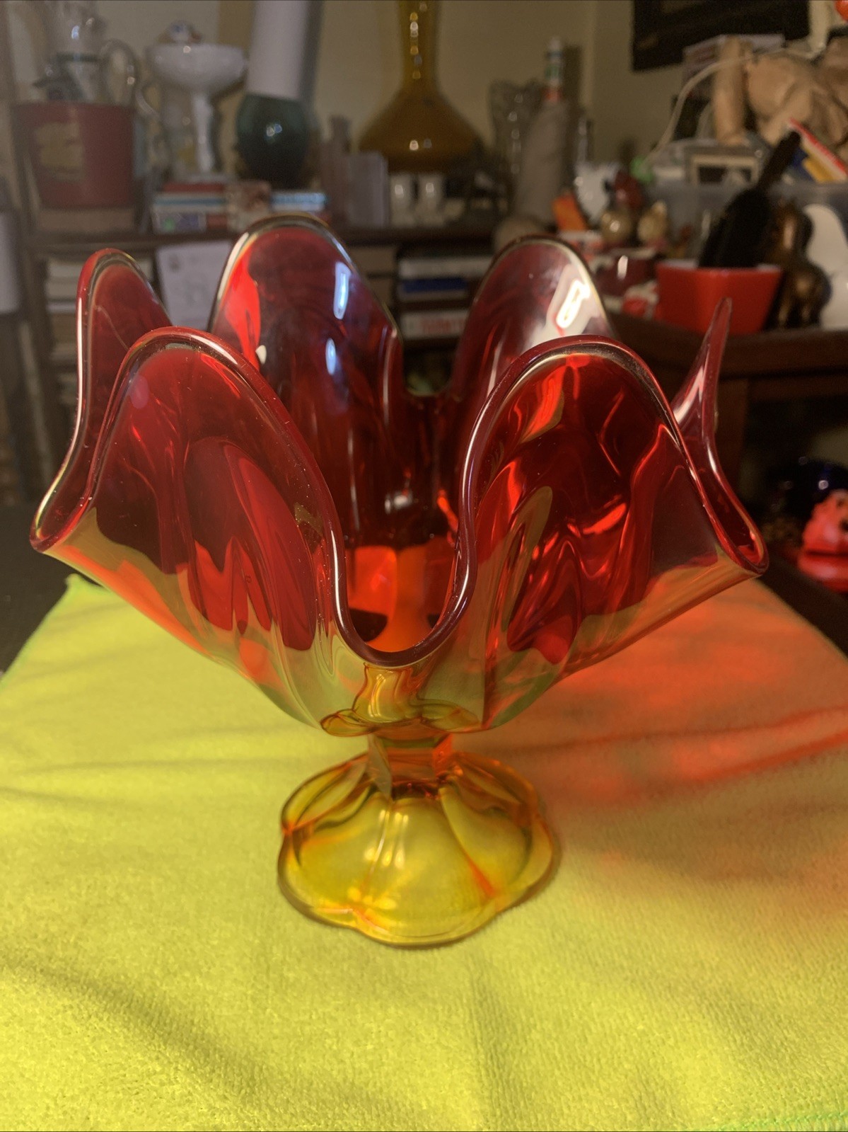 Vintage L E Smith Amberina Handkerchief Art Glass Compote /Vase 8″