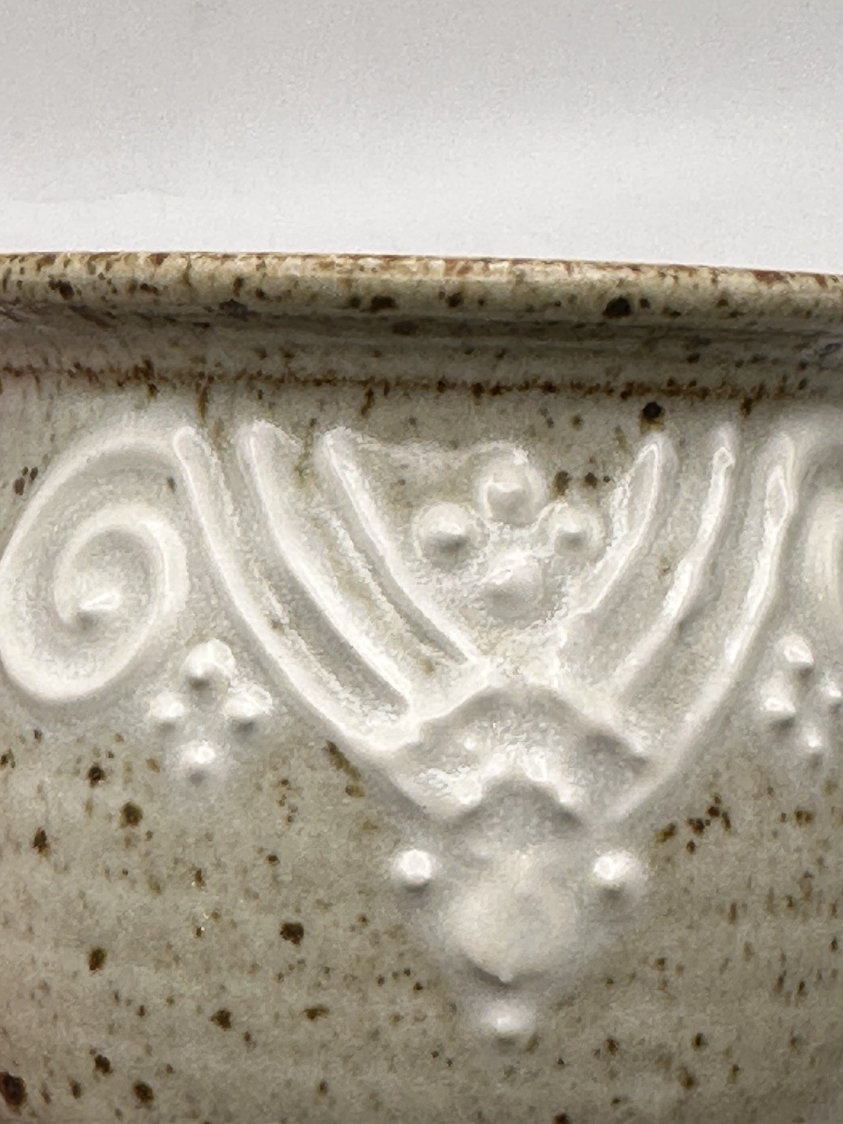 Studio Pottery Small Yarn Pot With Overlay Decorative Feature 2 7/8” T X 3” W