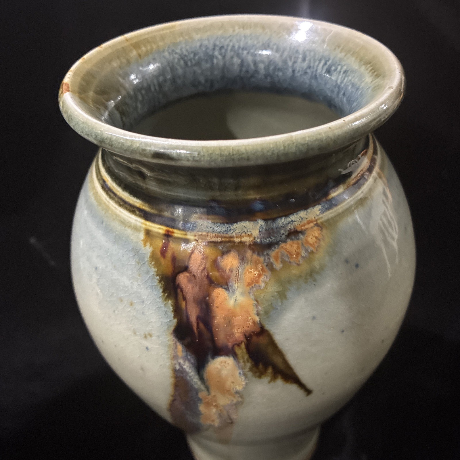 Signed Studio Pottery Vase Blue Brown Drip Glaze Hand Thrown Art Ceramic 9”