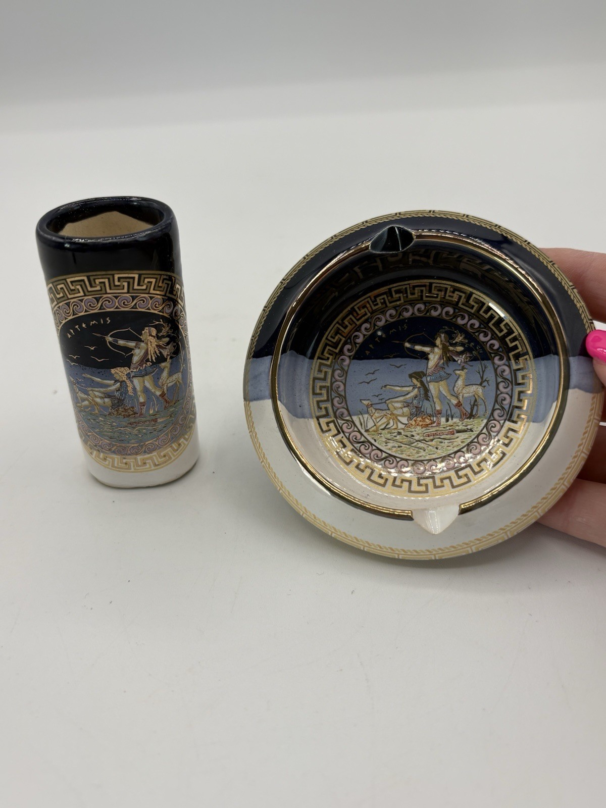 Vintage 60s Greek 24K Gold Terracotta Ashtray Lighter Holder Greece Turquoise