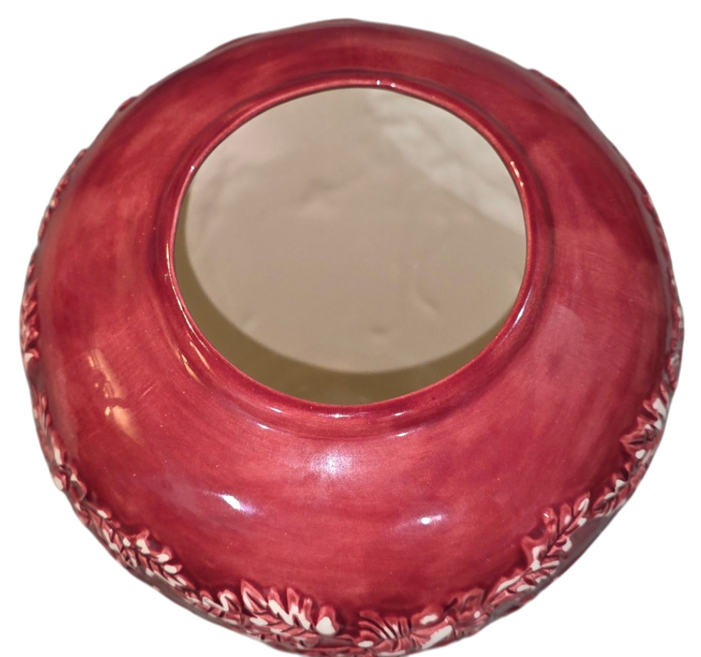 Vintage Red Art Pottery Vase 10″ Floral Relief Ceramic 1930s Decor