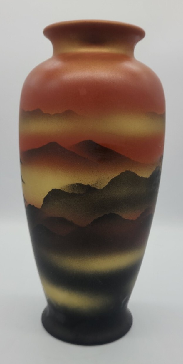 MCM Japanese Utsuwa Airbrush Landscape Pagoda Mountains Ceramic Floor Vase