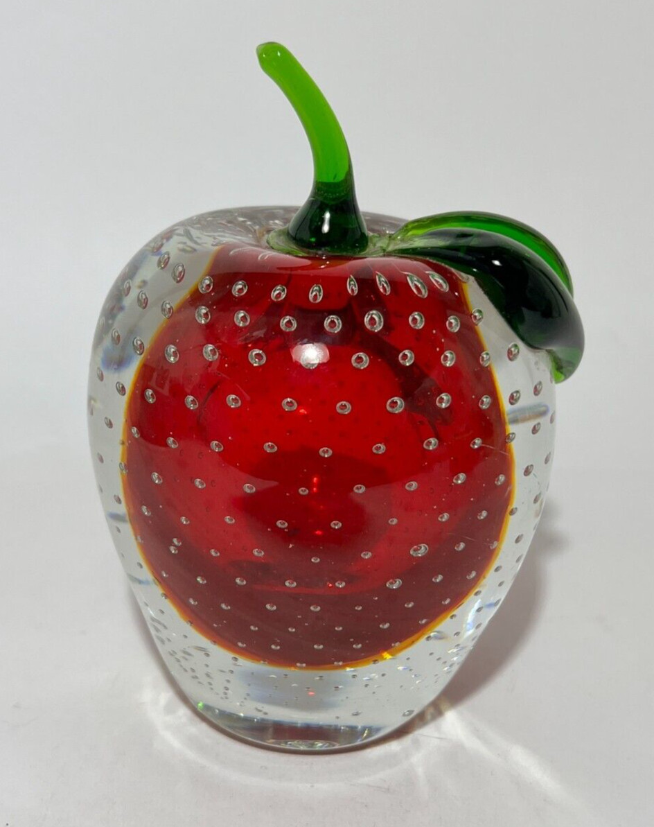 Apple Paperweight Art Hand Blown Glass Cased Clear Red Handcrafted Bubbles Glows