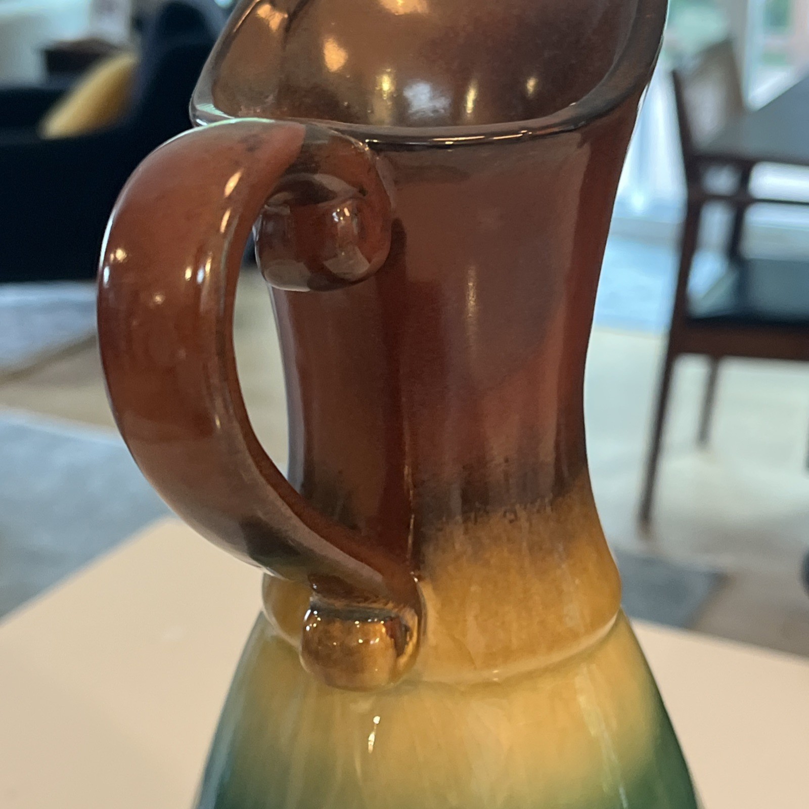 Brown & Blue Drip Glaze Pitcher Vase Mid-Century 14”