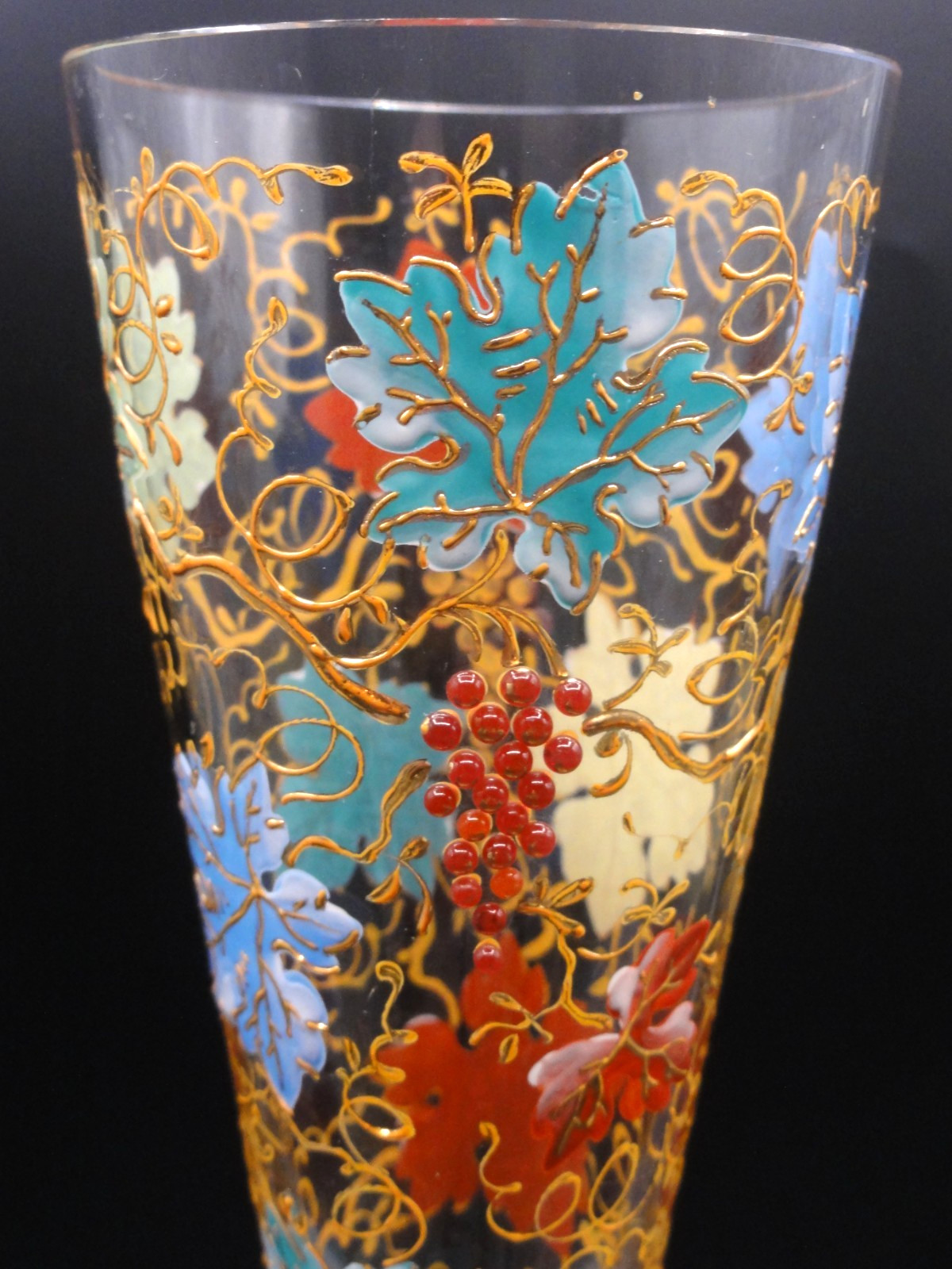 Antique Harrach Art Glass Vase w/ Moser Hand Painted Enamel + Bead Grape Leaves