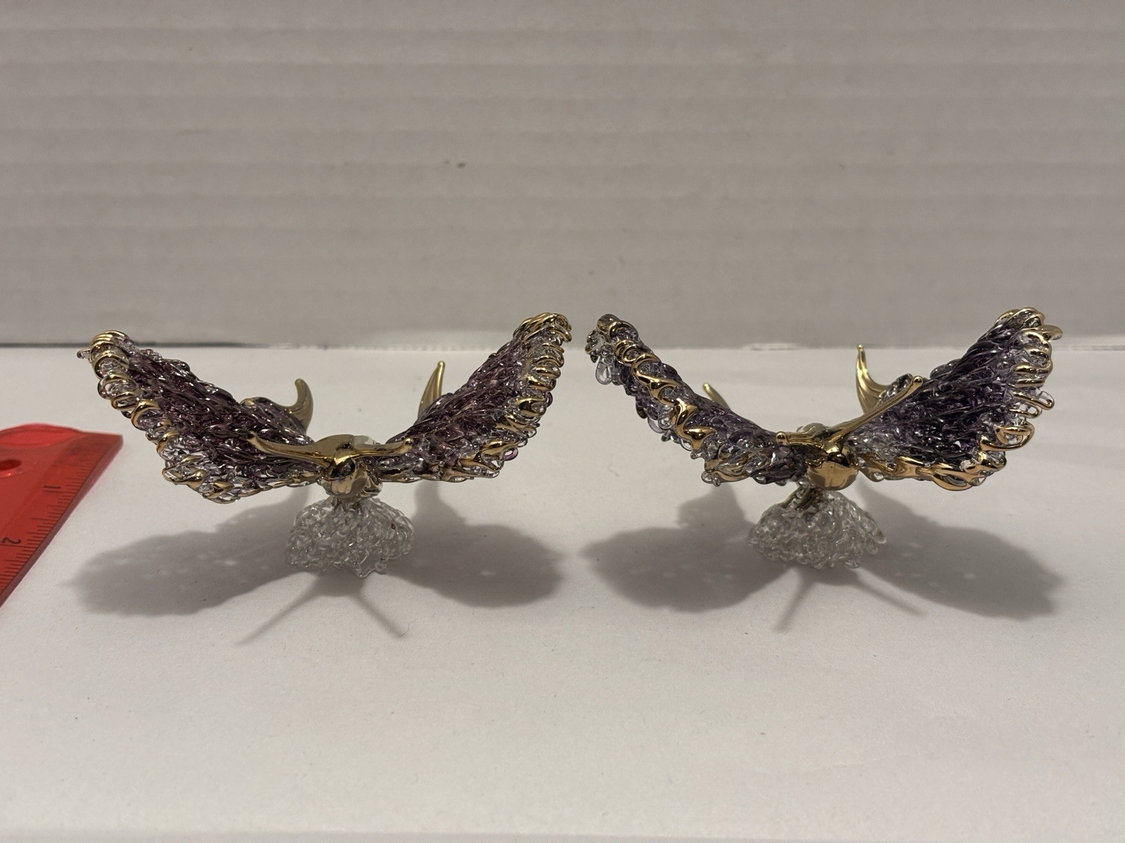 2 Hand Blown Crystal Glass Butterfly Sculptures Figurines 24K Gold Trim Purple