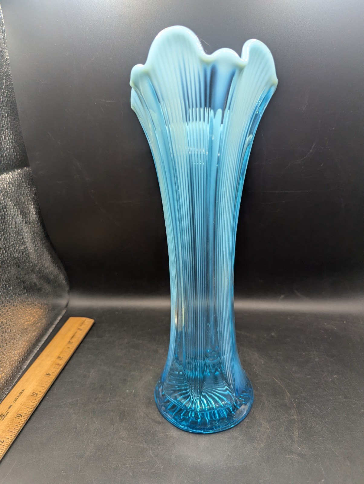 Antique Jefferson Glass 12 ” Lined Heart Blue Opalescent Swung Vase C 1900-1910
