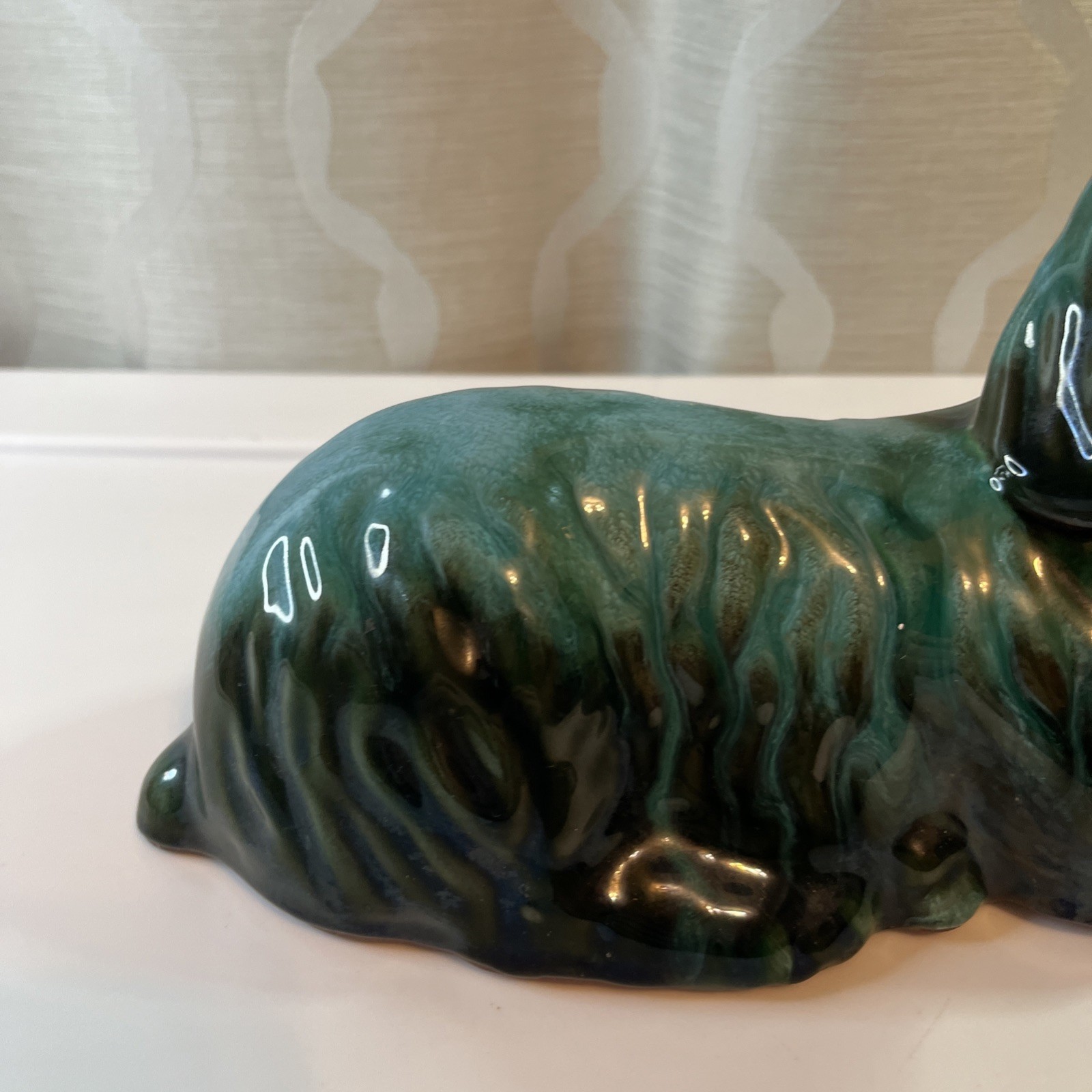 Vintage Blue Mountain Pottery Dog Spaniel Setter Green Drip Glaze