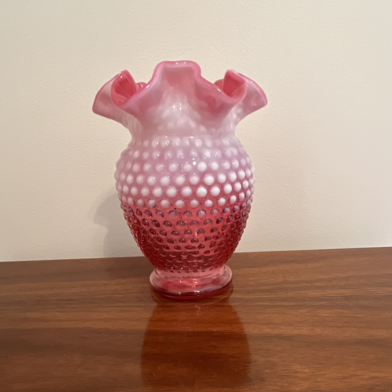 Pink White Red Hobnail Art Glass Vase with Ruffled Glossy Decorative Finish