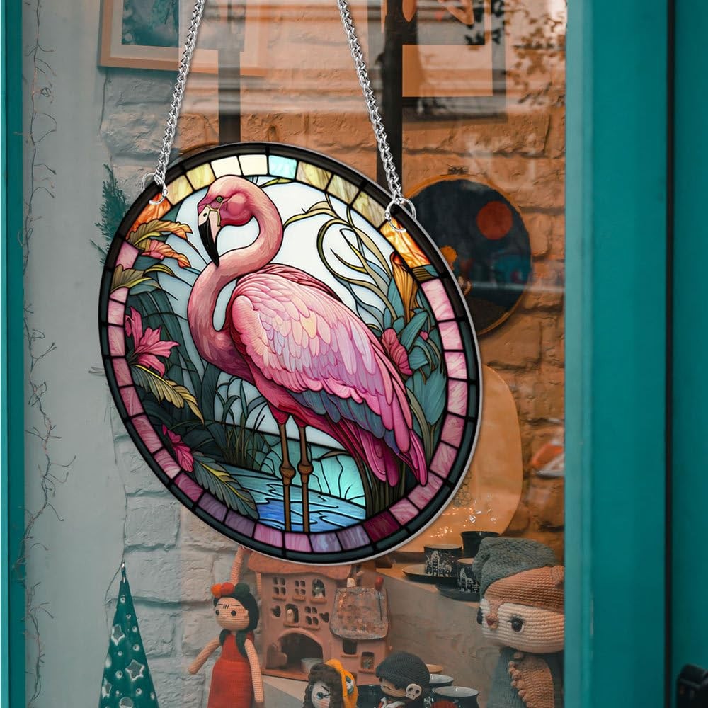 Flamingo Round Stained Acrylic Window Hanging Panels Indoor Outdoor Windows H…