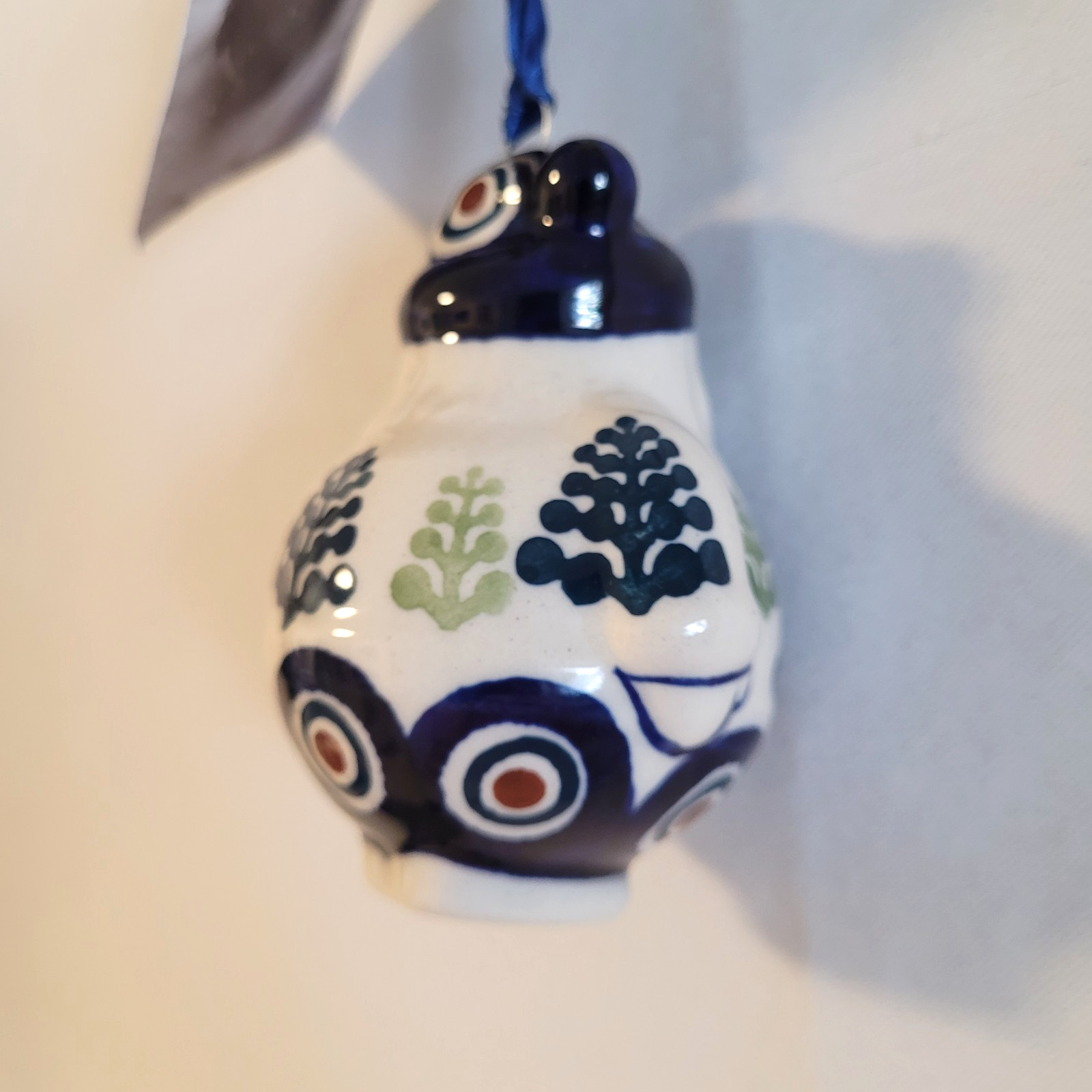 Manufaktura Polish Pottery Ceramic Ornament Christmas Santa with Trees NWT