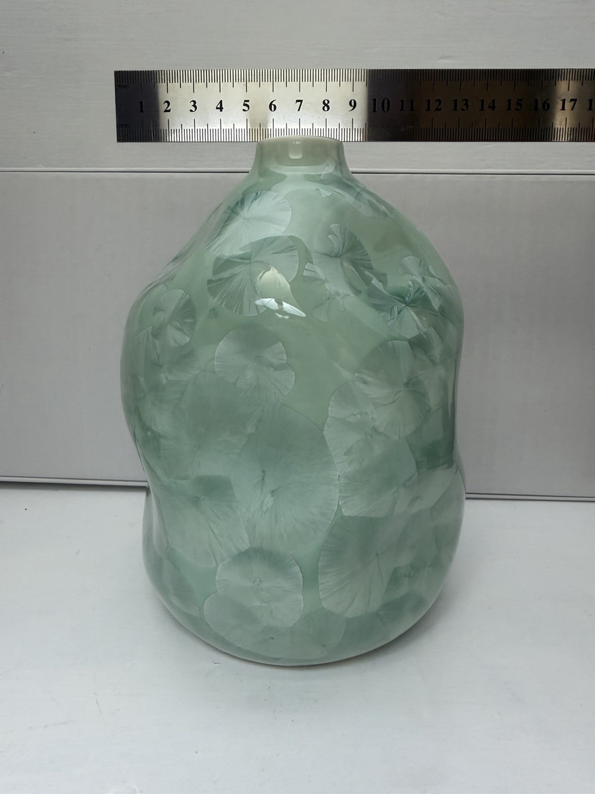 Crystalline Glaze Porcelain Vase Studio Pottery Dimpled Mint Green Free Form 7″