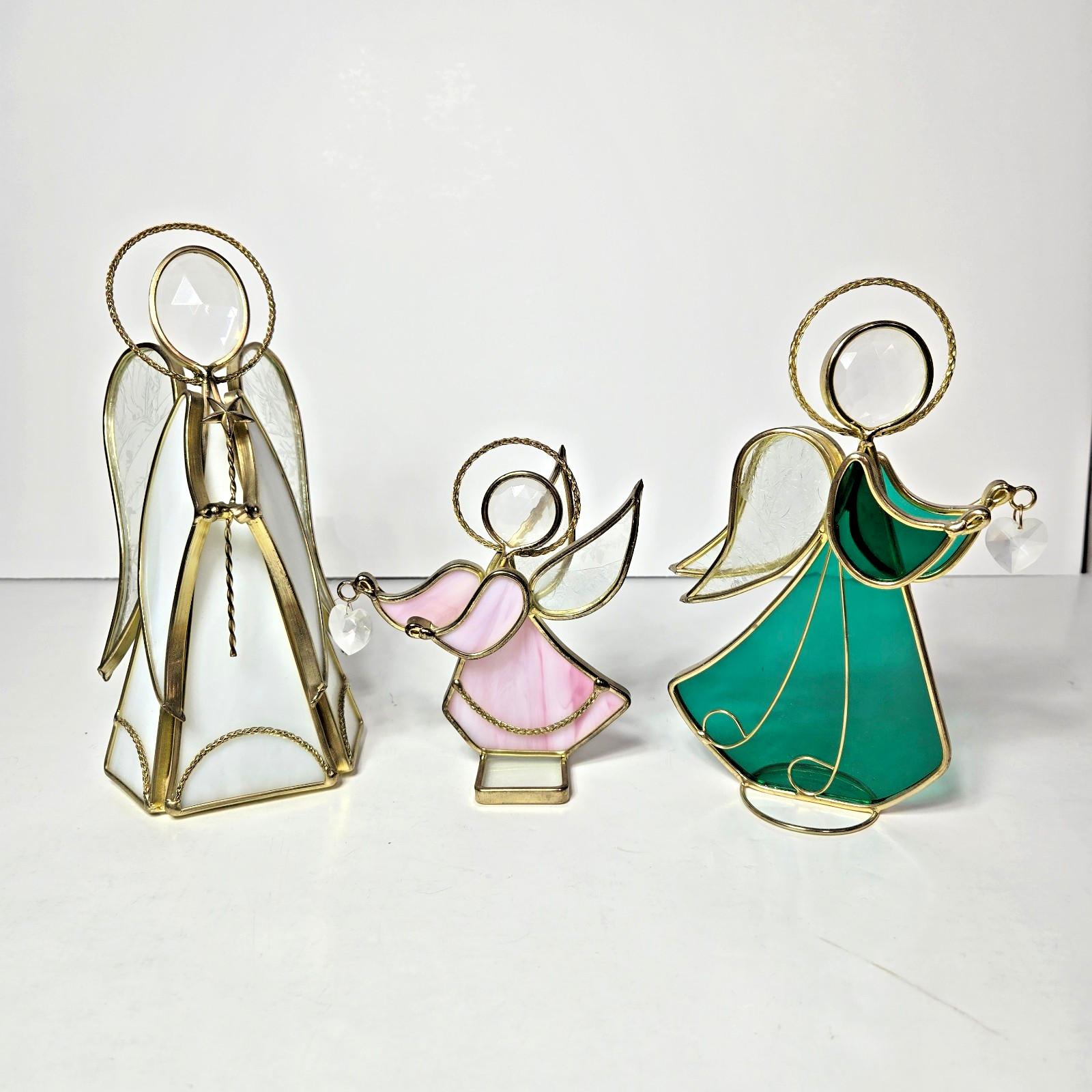 3 Vintage Stained Glass Angel Figure Holding Hearts and Star Signed Jeny
