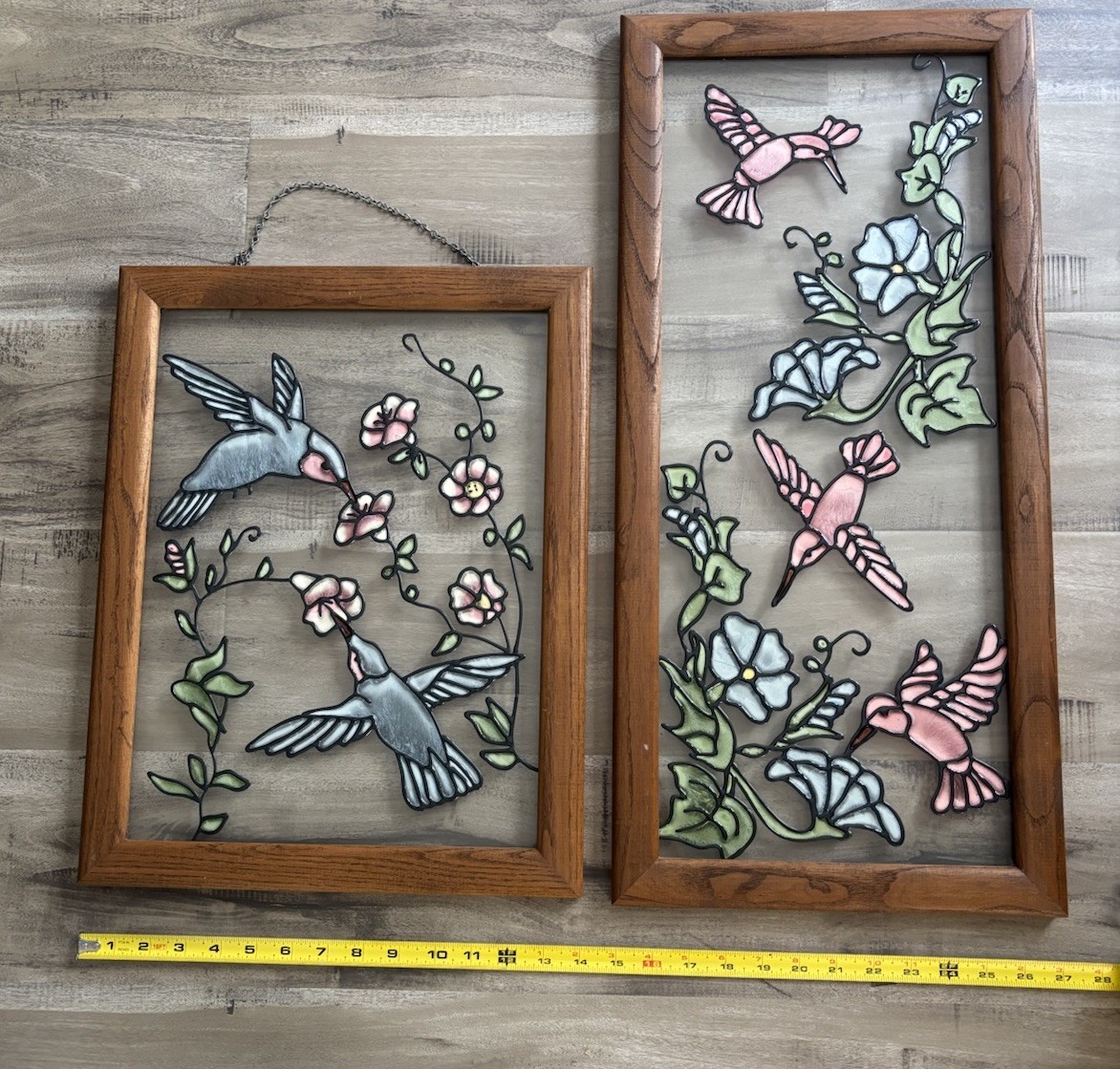 2 Beautiful Painted Glass Hummingbird Flower Wood Framed Wall Art Vintage