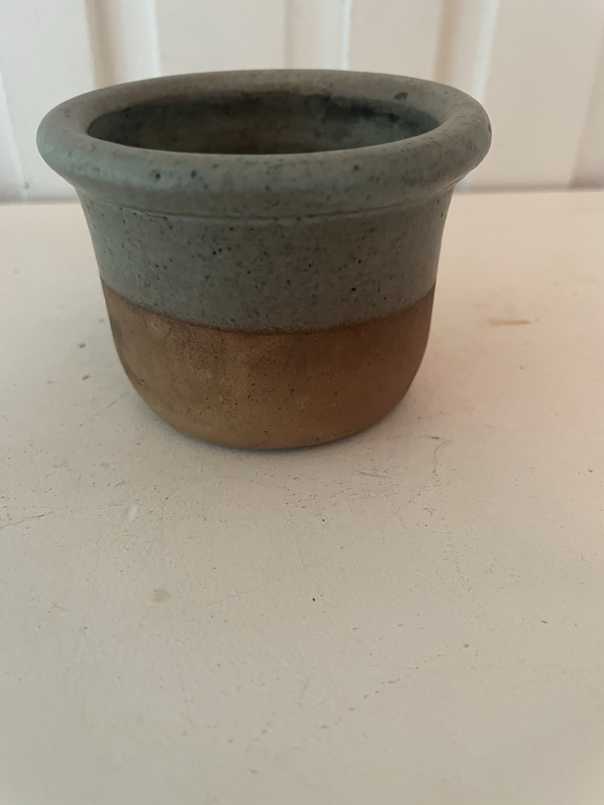 Signed two-toned pottery pot for storage or small plant, 2 1/4 inches tall