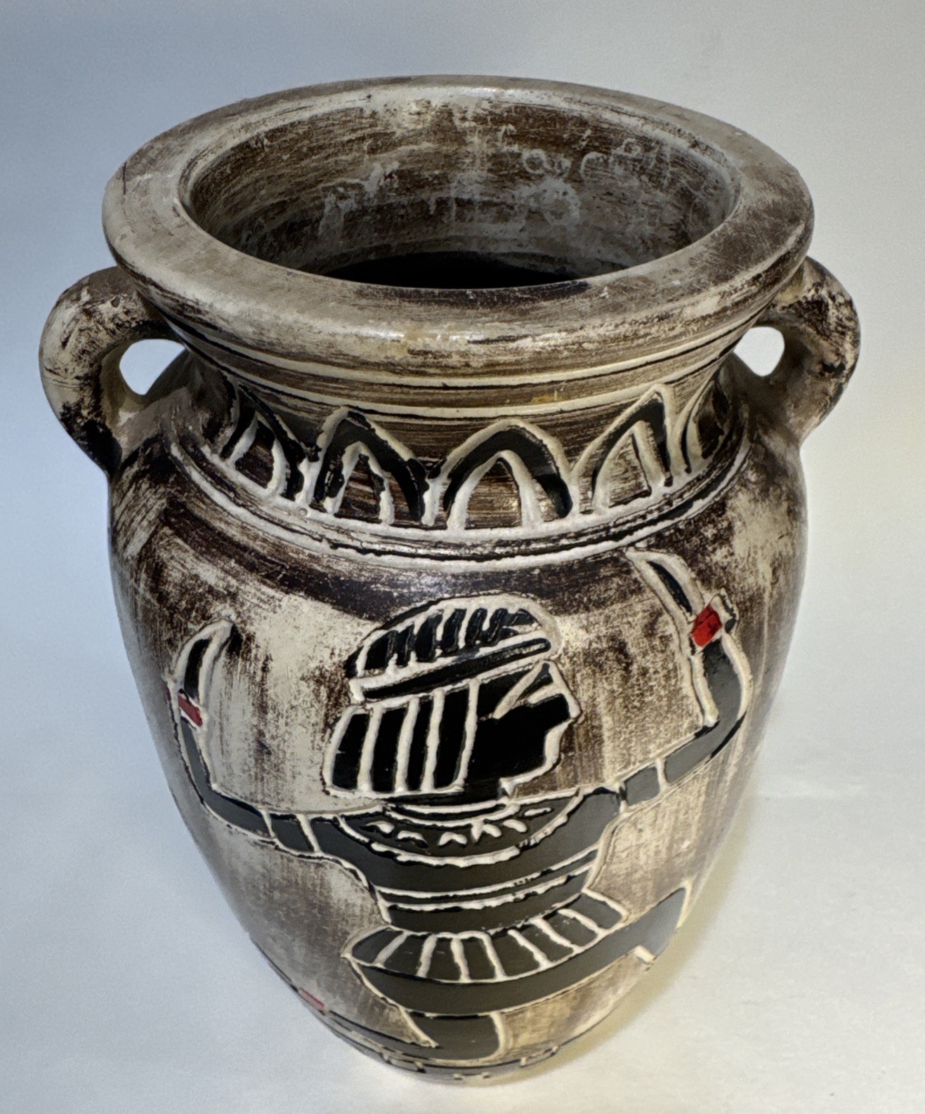 Vintage Mid Century Egyptian Revival Japan Pottery Amphora Vase 8” Double Handle