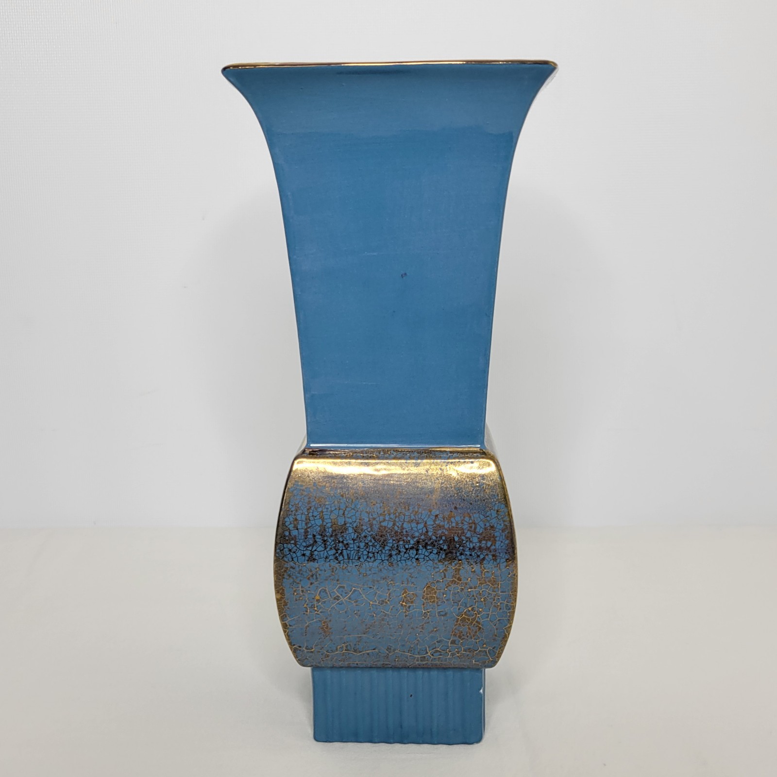 Vintage Ceramic Blue Gold Crackle 10 1/4″ Square Vase