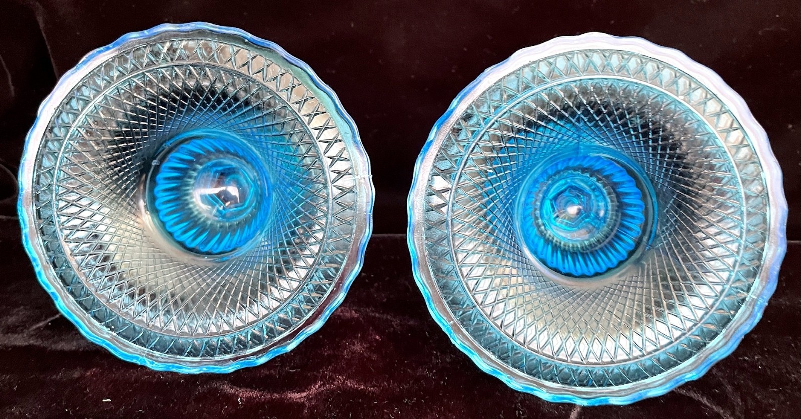 Pr. Vtg. Nuutajarvi Vivid Turquoise Pressed Art Glass Candlesticks-Finland-1971