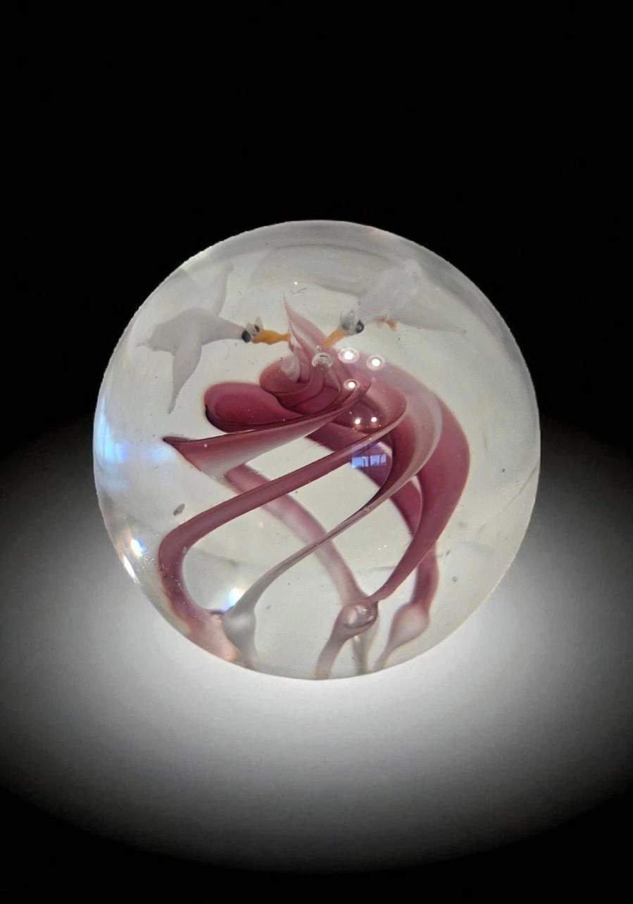 Art Glass Paperweight 2.25″ Pink Ribbon Spiral Swirl Pair White Birds in Flight