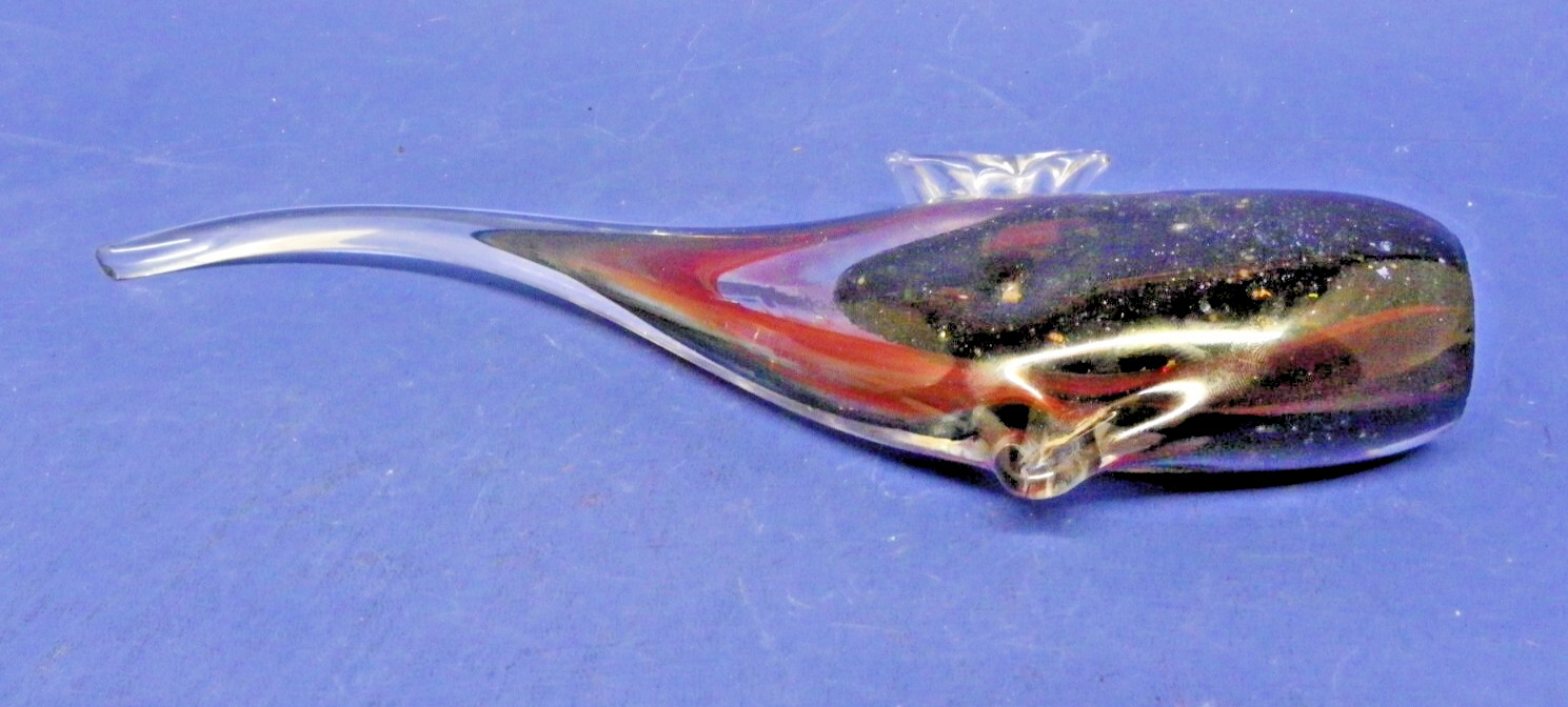 Art Glass Hand Made Fish Figurine Glittery Black and Red Colors 12″ Tall