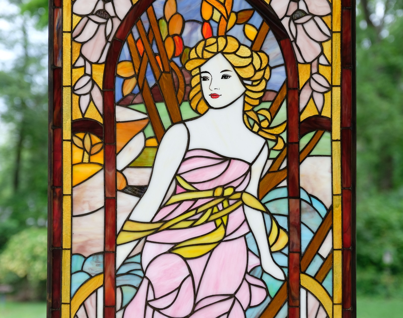 Tiffany Style Alphonse Mucha Art, Stained Glass Window Panel: Morning Awakening