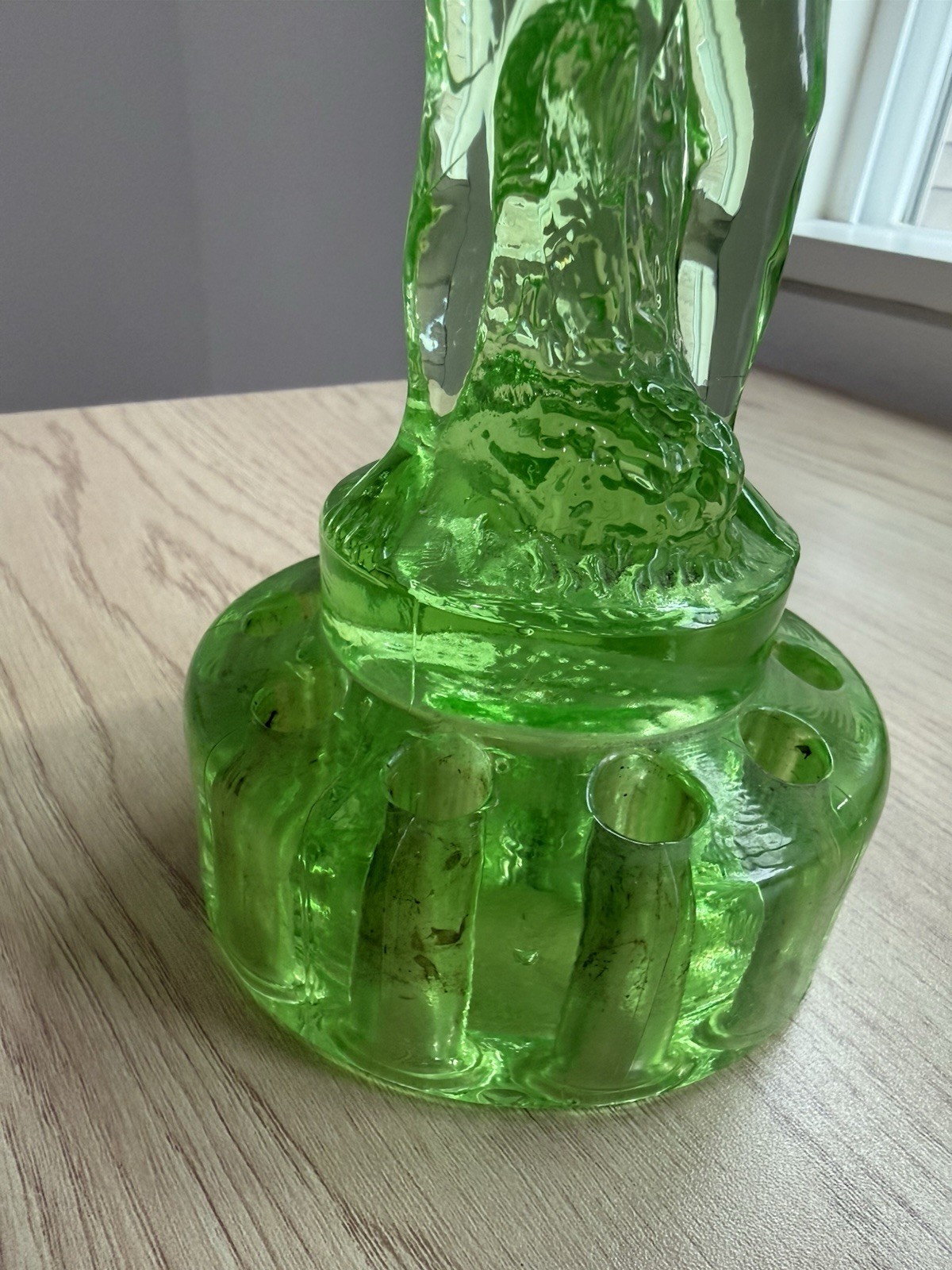 Cambridge Green Uranium Glass – Two Kid Flower Frog Boy & Goat – See Photos/read