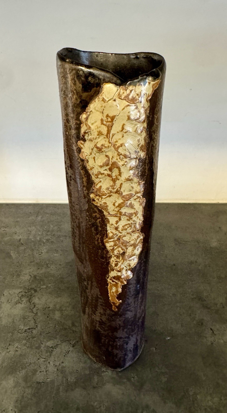 Large 16” Mid Century Brutalist Studio Art Pottery Scrolled Slab Vase