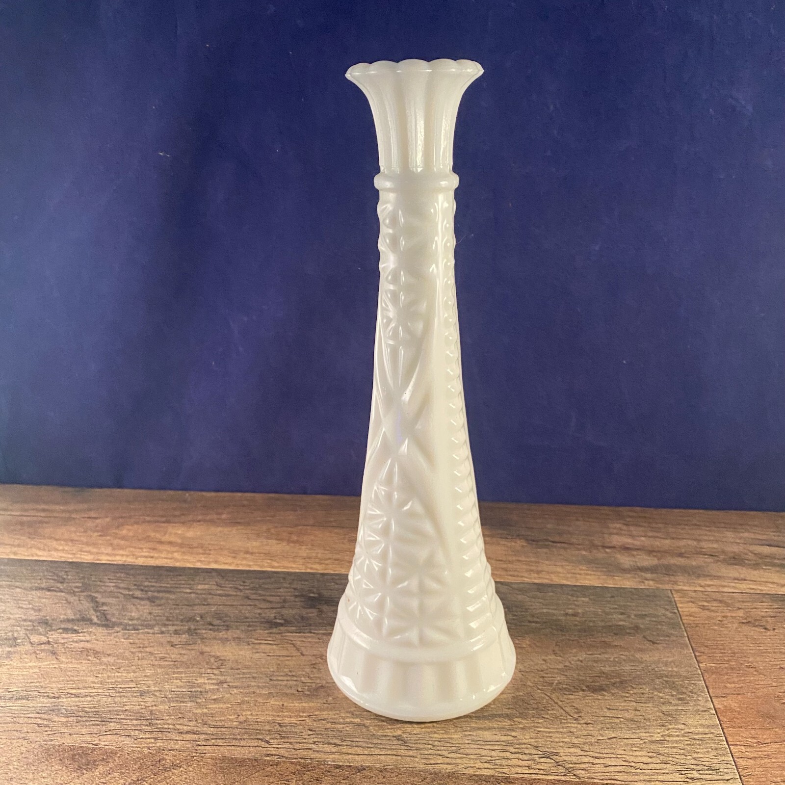 Milk glass tall bud vase star pattern scalloped top