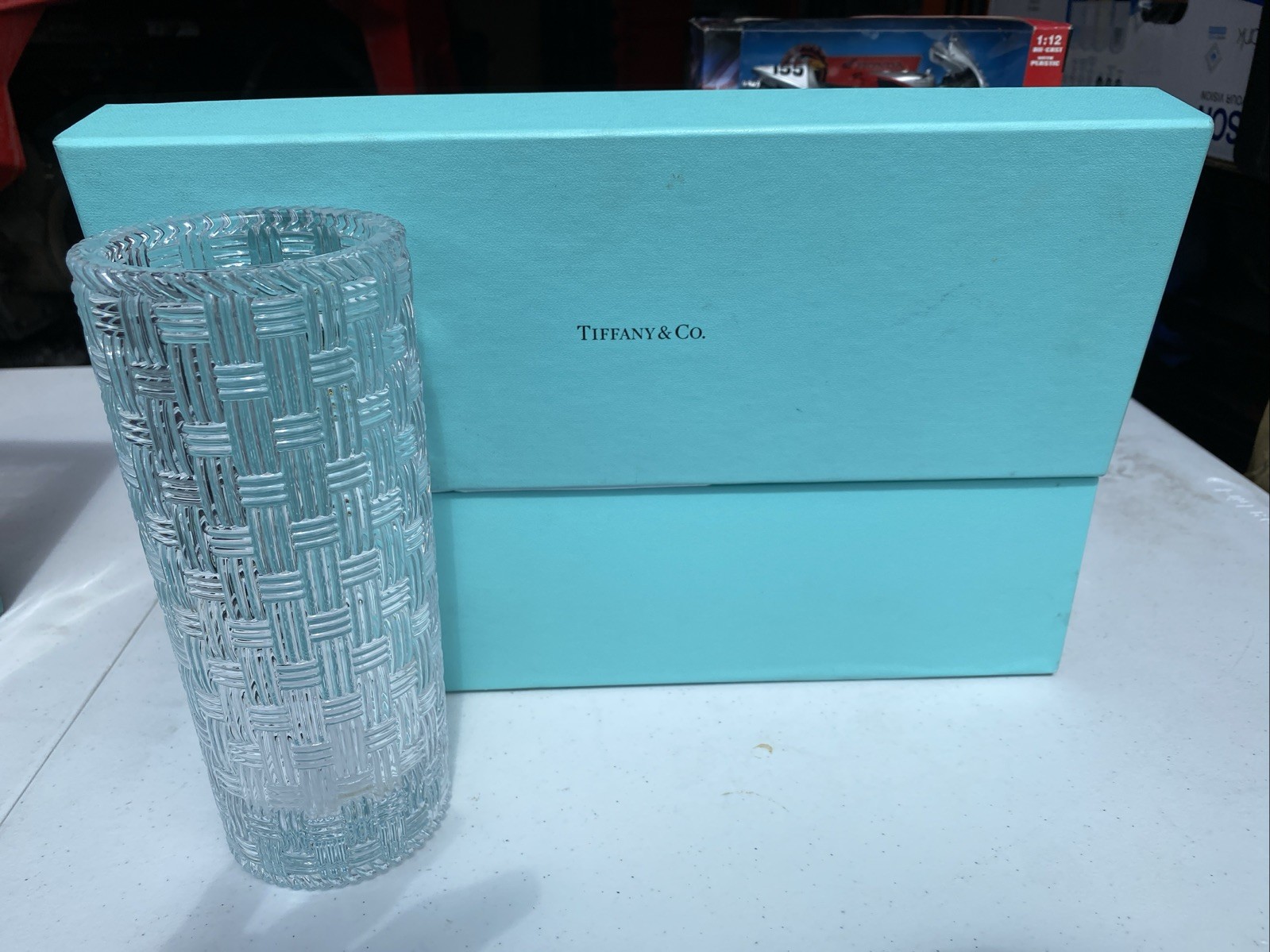 TIFFANY & CO Woven Basketweave 12” Cylinder Crystal Glass Vase w Box + Label