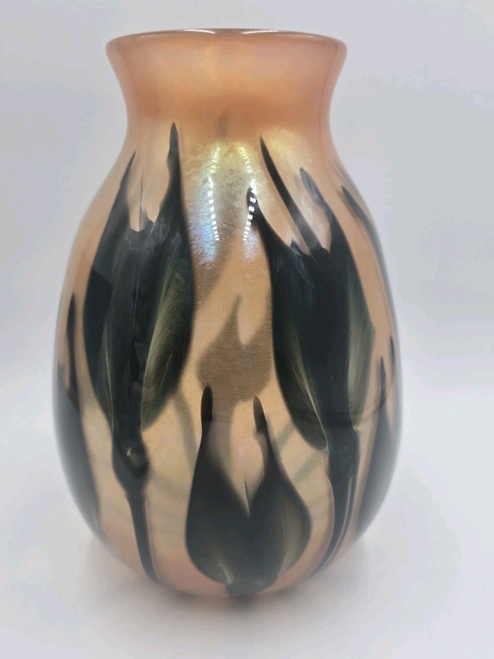 Charles Lotton 1997 Art Glass Vase Feathered Floral Halloween Colors 10″ Signed