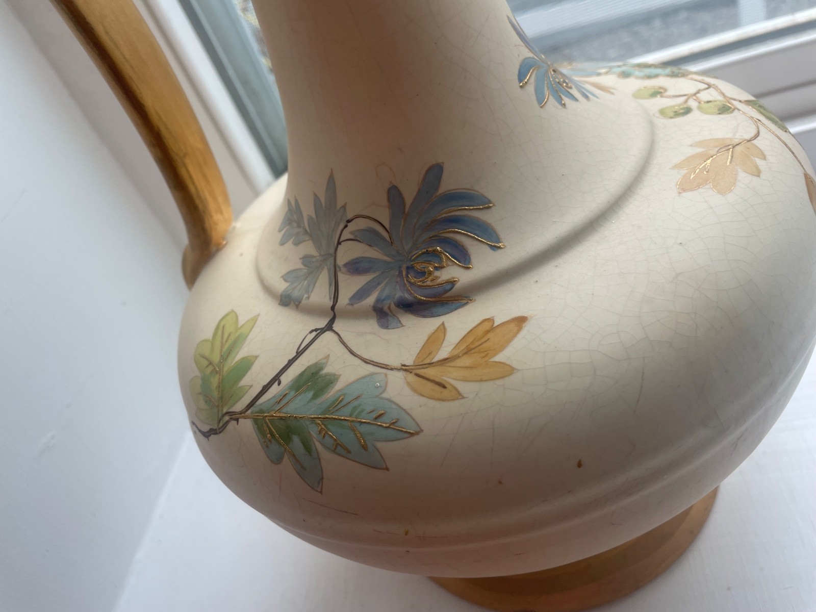 Antique Victoria Empress Ware Ewer jug Pitcher Vase Flowers Gold Leaves painted