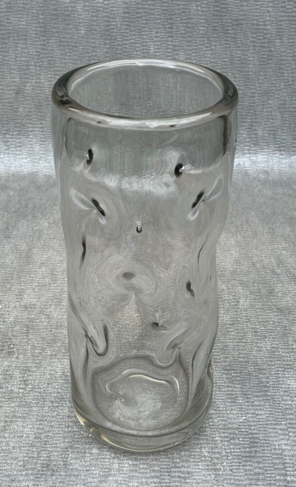 EXOTIC MID CENTURY HEAVY CLEAR ART GLASS VASE CURVED BENT DIMPLED DEPRESSIONS
