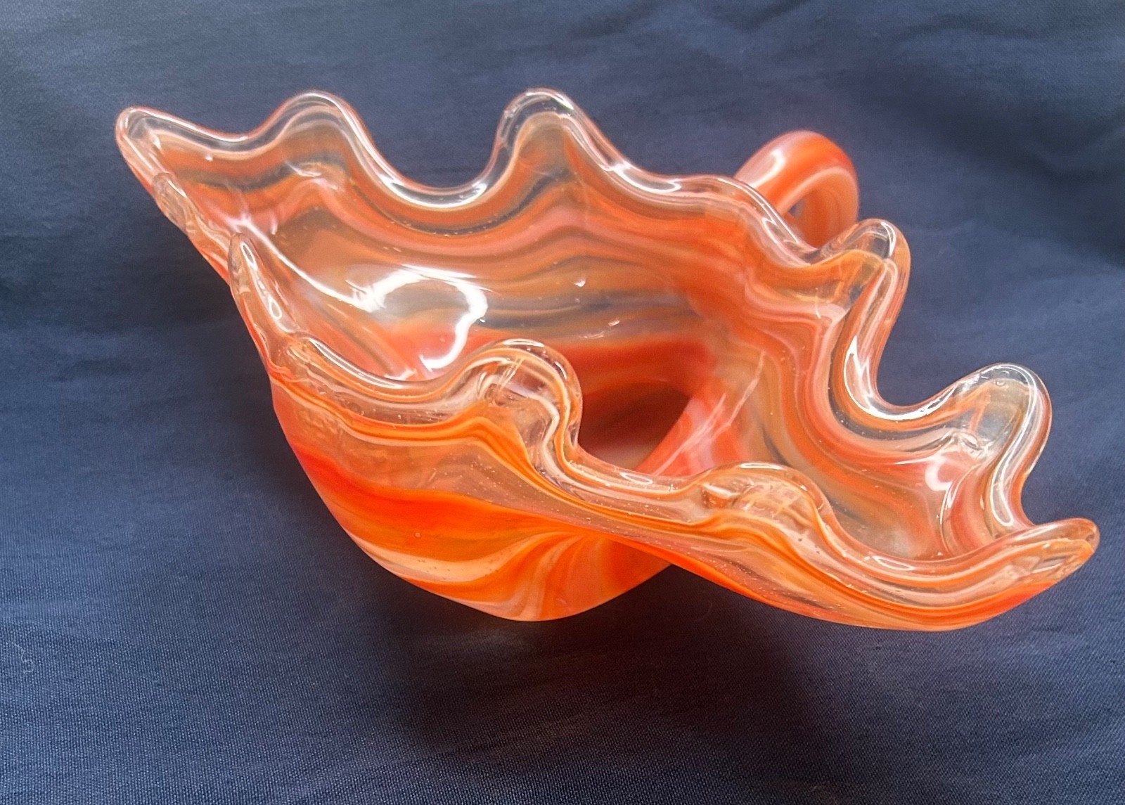 Vintage Orange Mid-Century Hand Blown Art Murano Cornucopia Flower with Swirl