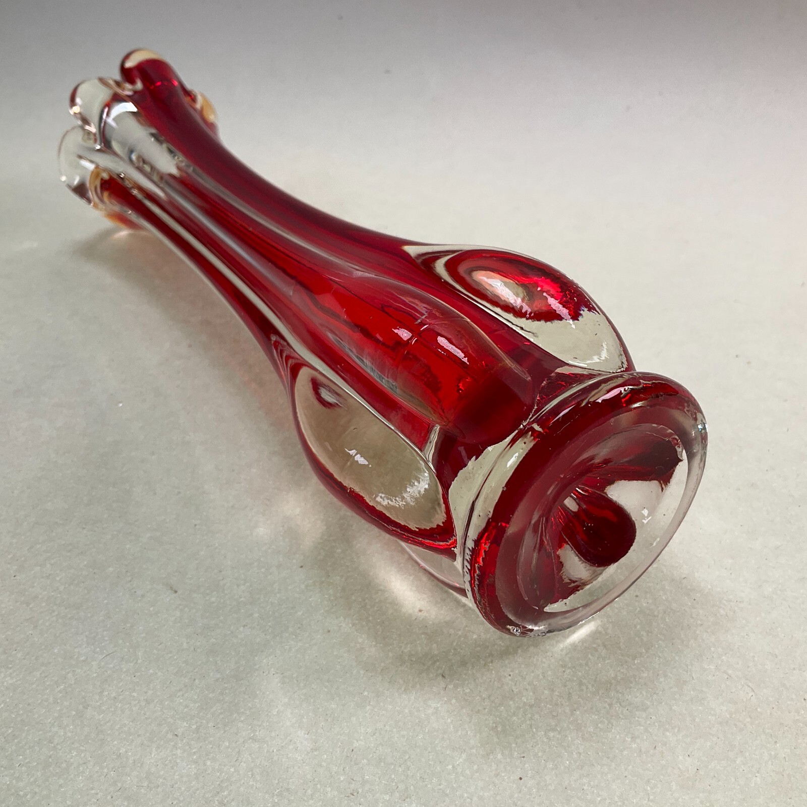Cased Red Clear Swung Vase 6 Finger Ground Base 8 1/2″ Vintage Art Glass