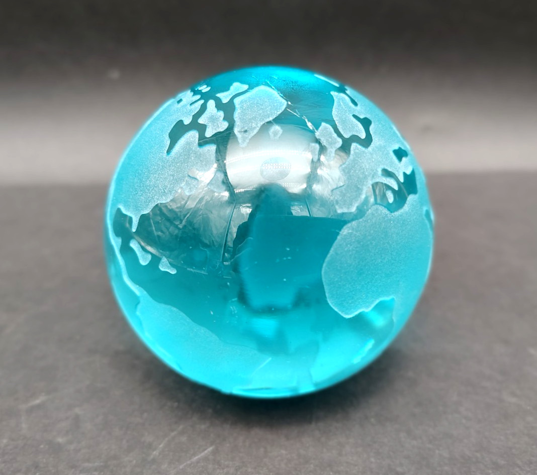 Art Glass Globe Turquoise Blue Earth Paperweight Frosted Glass Polished Bottom