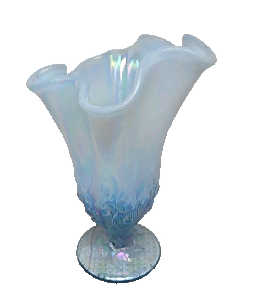 Vintage Fenton Art Glass Lily of the Valley Opalescent Blue Ruffled Vase 6 ¼ in.