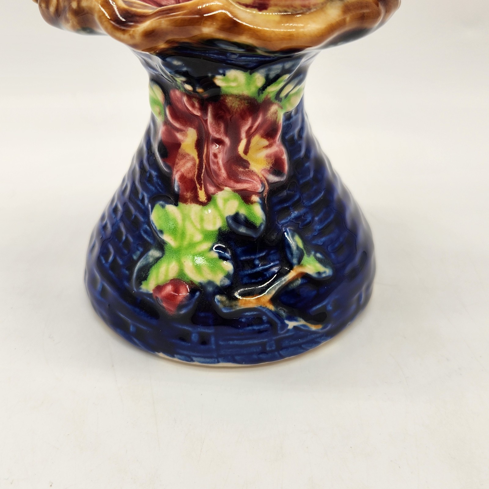 Vintage Majolica Style Bird Basket Vase Ceramic Blue Floral w/ Birds Twig Handle
