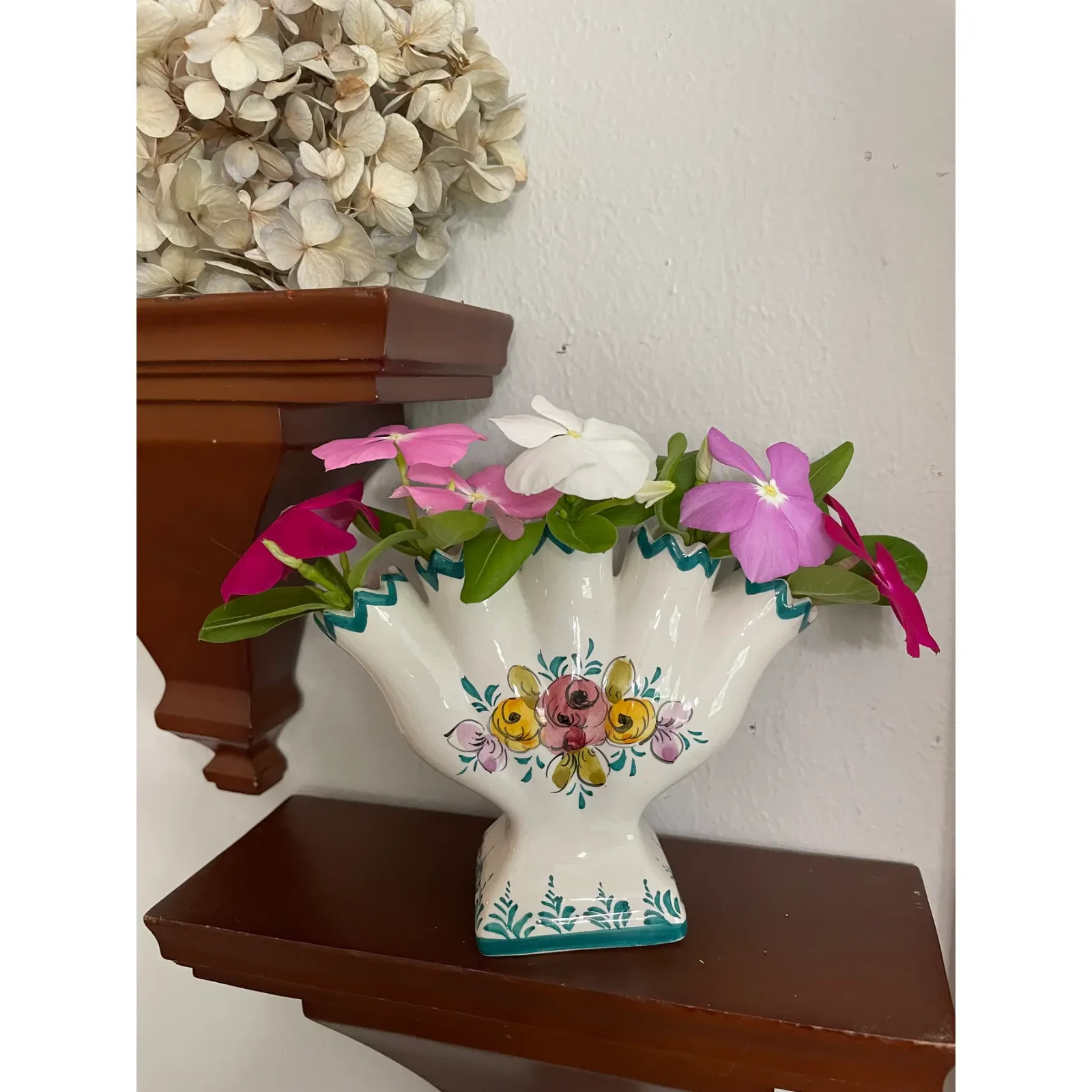 Mid 20th Century Portuguese Petite Majolica Five Finger Tulip Vase Tulipiere