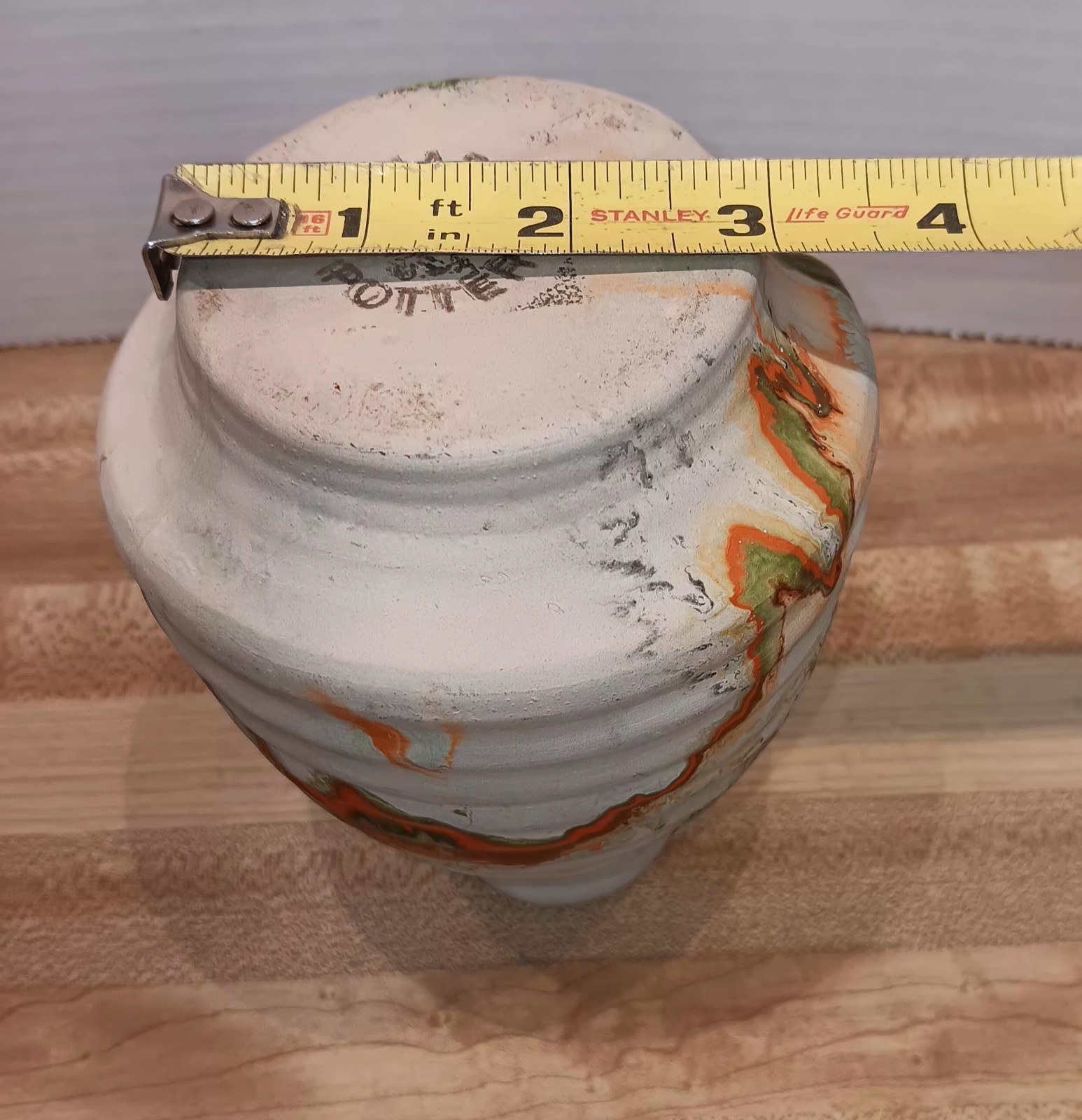 Vintage Stamped Nemadji Pottery Vase 6″ Ribbed Orange Green Brown Marbled Swirl