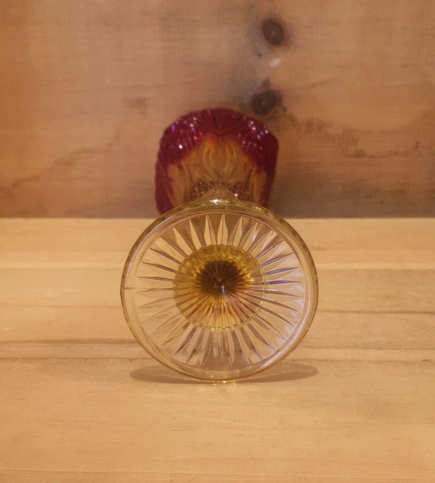 Amberina 10-1/4″H Vase with Multiple Designs. 3-3/4″W x 10-1/4″H. Excellent Cond