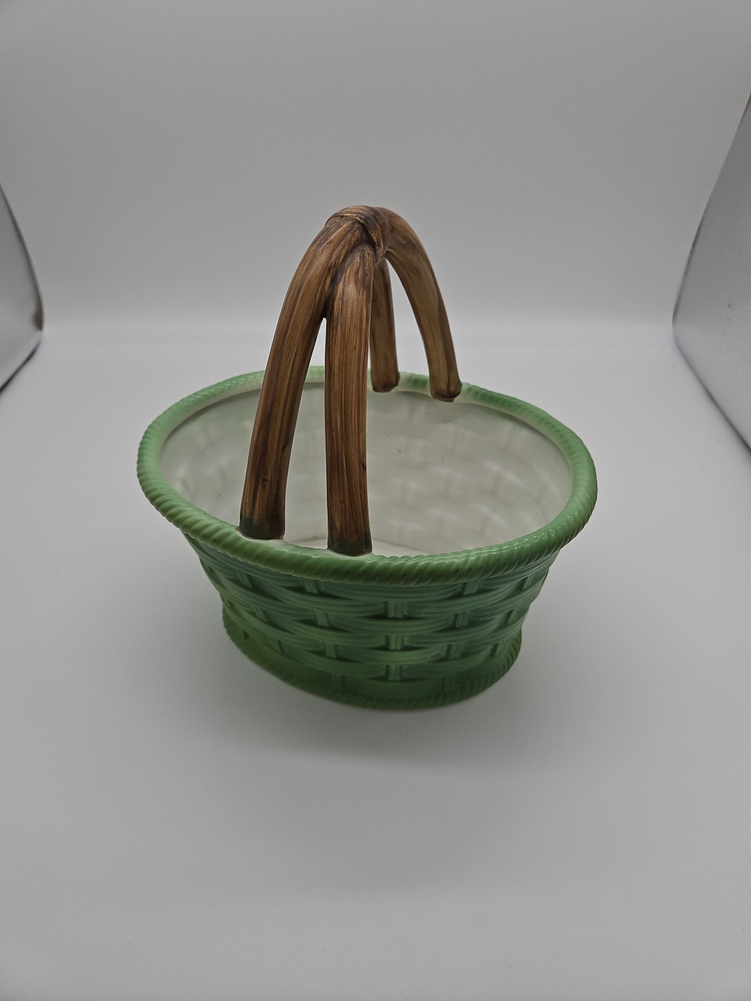 Vintage Porcelain Green Basket With Brown Porcelain Handle