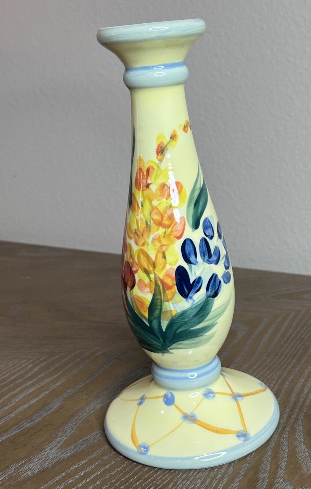 Vintage 1999 Gail Pittman 9” Hand Painted Ceramic Candlestick Holder