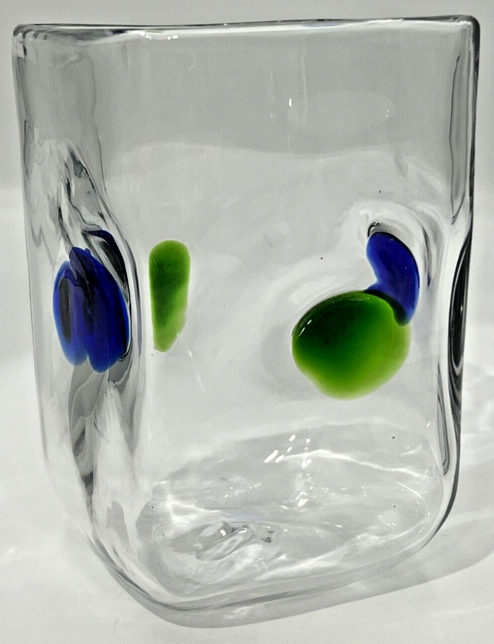 Vintage Mexican Hand Blown Vase Square Green Blue Orbs Portals Art Glass EX